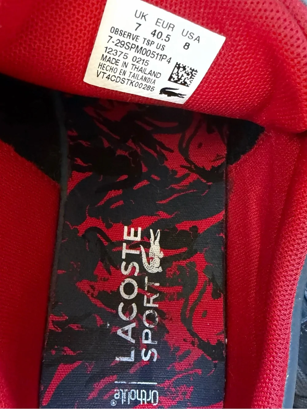 Lacoste Observe Sport Men's Navy Leather Sneaker with Red Accent Sz 8